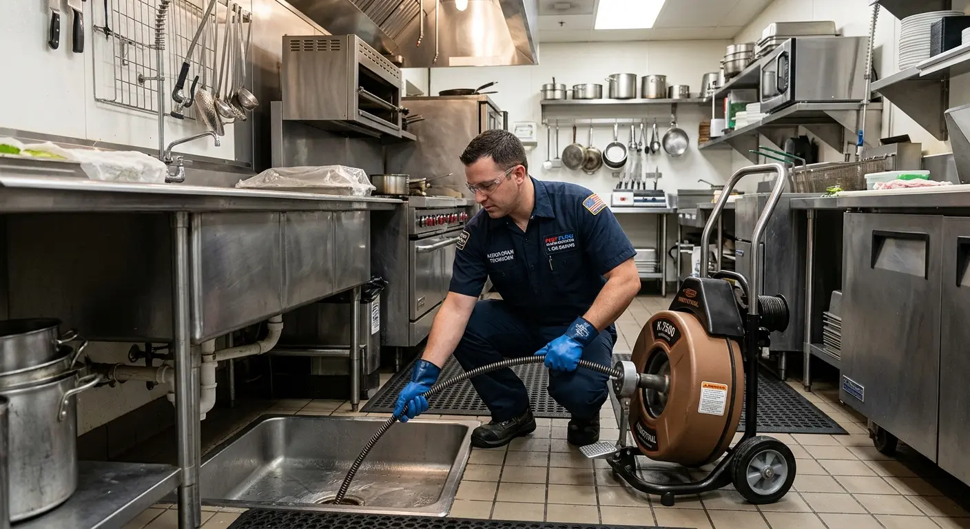 Commercial drain cleaning service in a restaurant kitchen in Foothill Farms