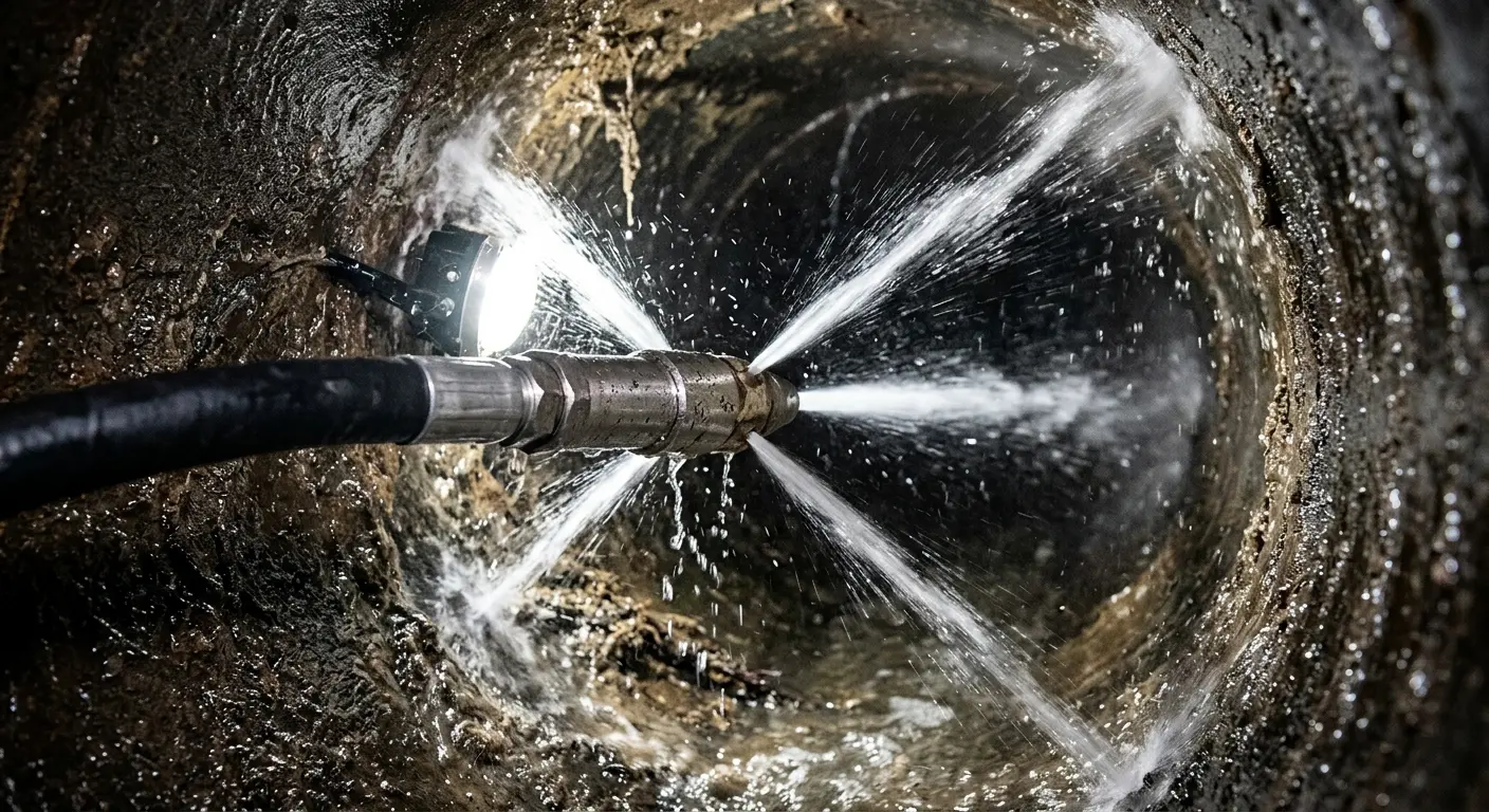 High-pressure hydro jetting nozzle cleaning sewer pipe for Sewer Cleanout in Foothill Farms