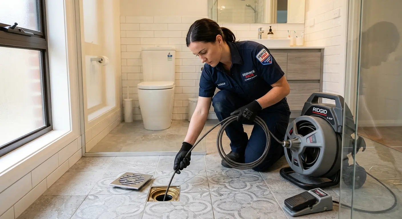 Technician clearing a bathroom floor drain for Drain Cleaning in Foothill Farms